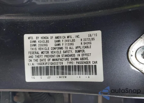 2016 Honda Accord Ex-L V-6 from USA, damaged, VIN 1HGCR3F01GA002728